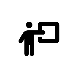 Stick figure of a person gesturing toward a box